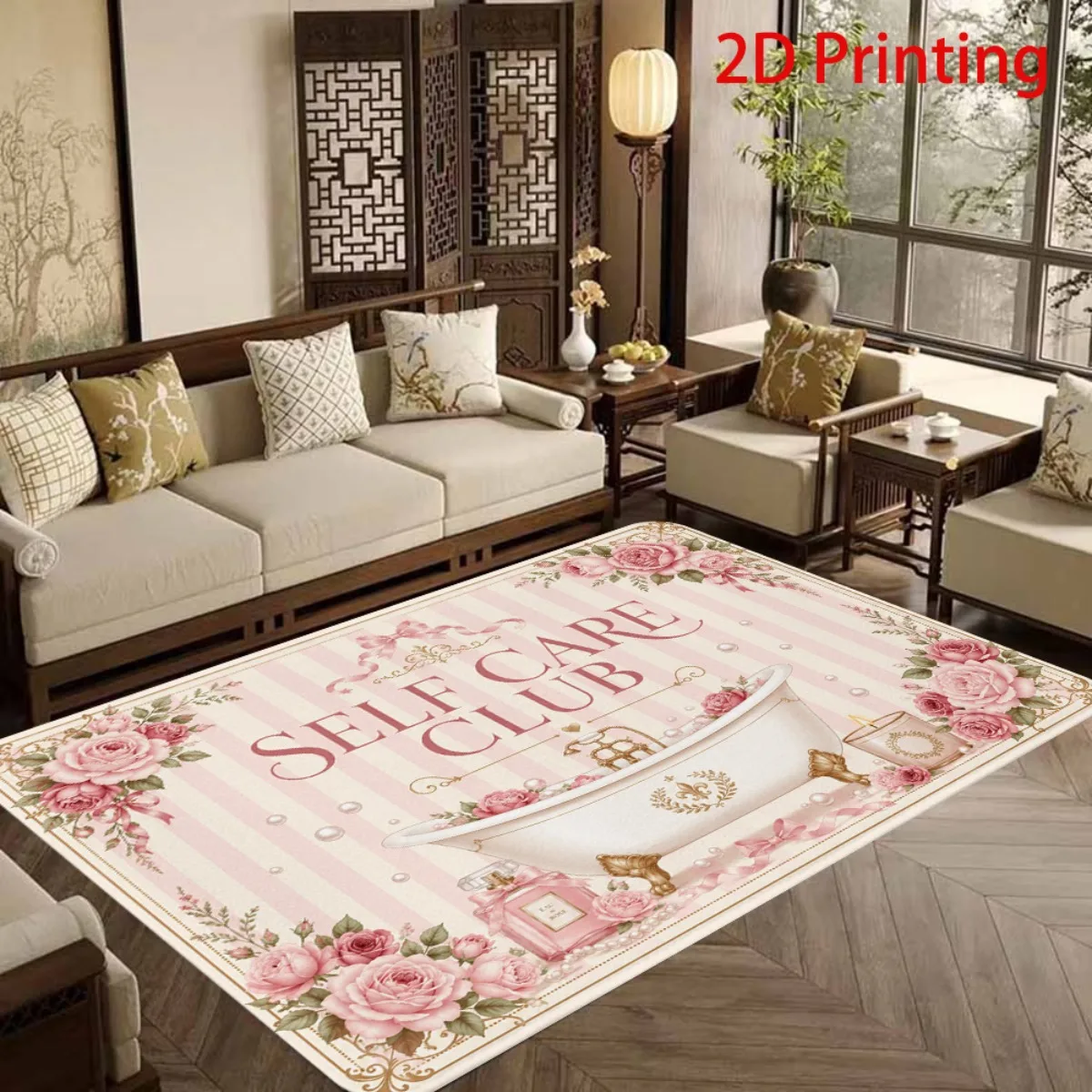 Self Care Club Bathroom Rug Pink Floral Bath Mat Vanity Area Decor for Spa Bathroom Bathroom Runner