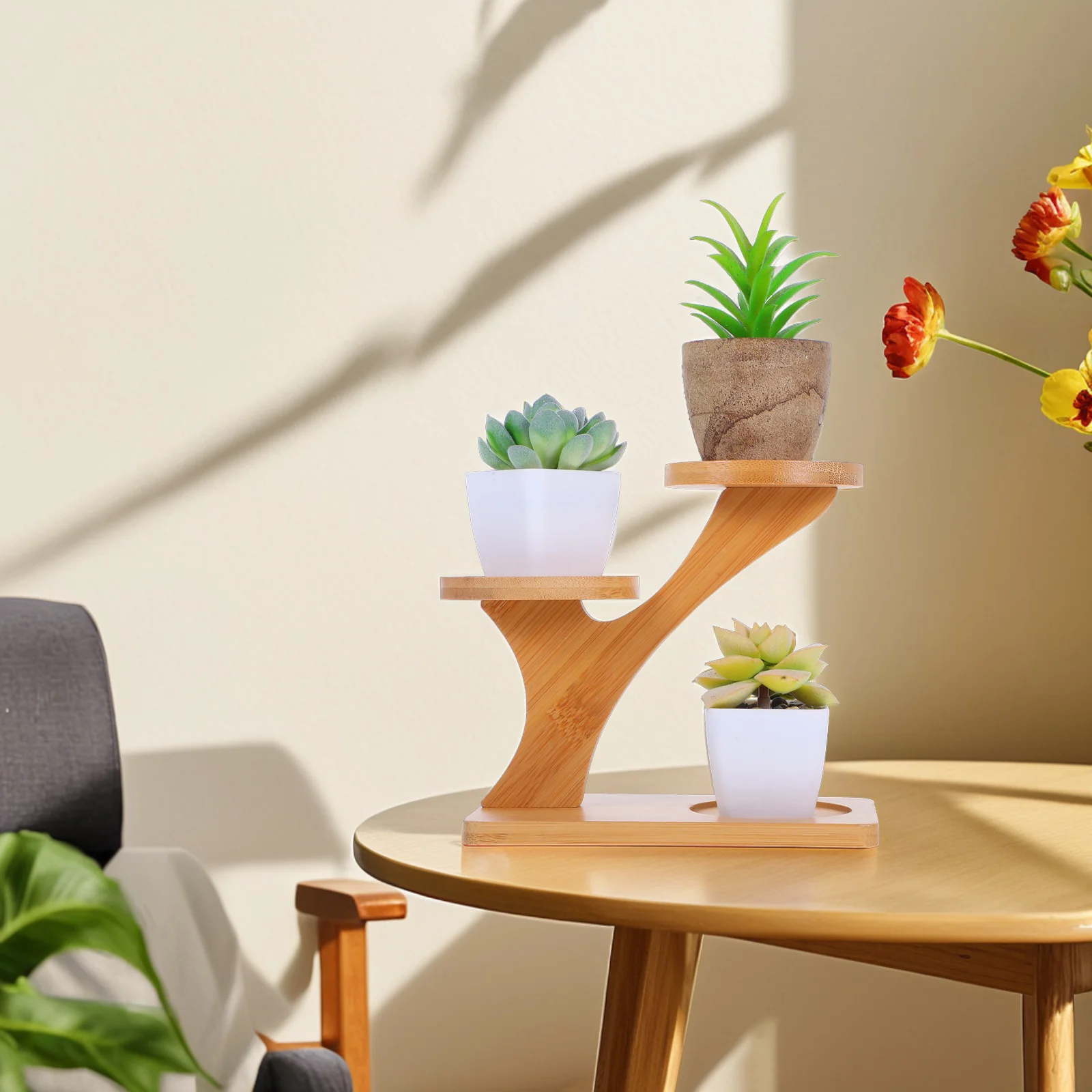 

2pcs Bamboo Plant Stand 3-Tier Flower Pot Holder Retro Tabletop Shelf For Indoor Plants Window Sill Decor Mini Display Shelf
