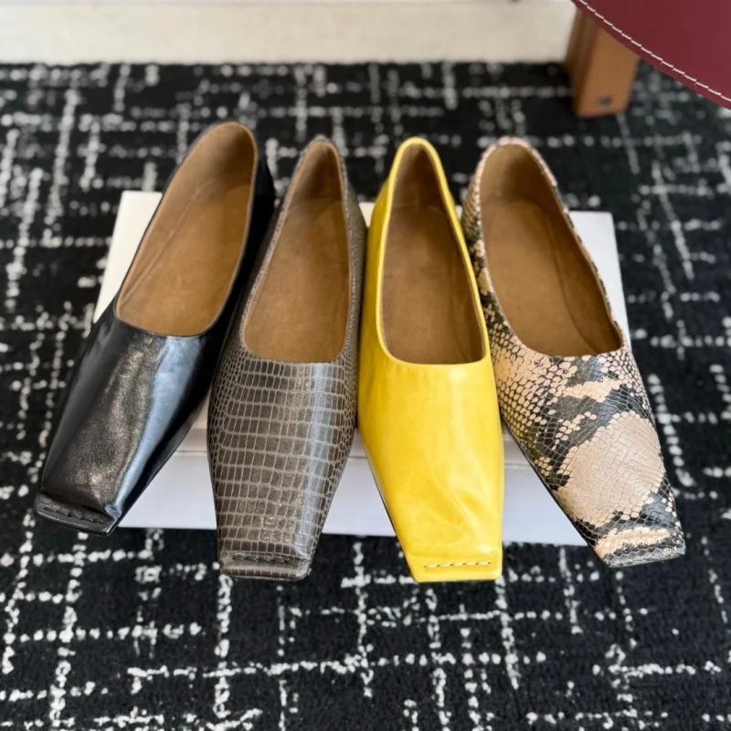 Women Genuine Cow Leather Square Toe Flat Shoes Spring Autumn Simple Slip On Minimal Retro Office Commute Casual Dress Shoes