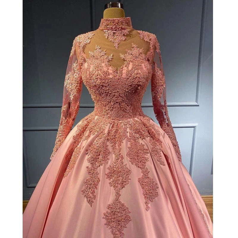 Abito da ballo iridescente rosa scuro manica lunga collo alto nuove Appliques affascinanti ragazze di 15 anni abiti Quinceanera Robe De Bal