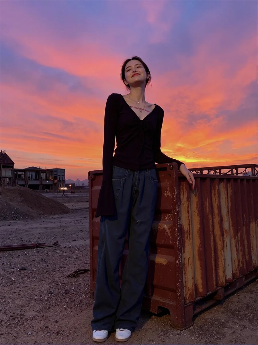 Langarm-T-Shirts für Damen, Baumwolle, V-Ausschnitt, Kordelzug, schmal, elegant, Damenbekleidung, 2022, Trend, Sommer, Reisen, Design, Mode, OL