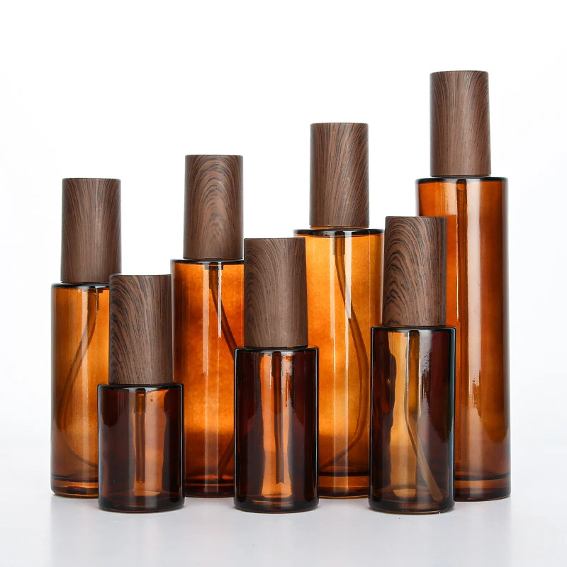 1PC 20/30/50ml Amber Glass Lotion Pump Press Bottles Refillable Soap Dispenser Containers Jars with Wood Color Cap for Cosmetics