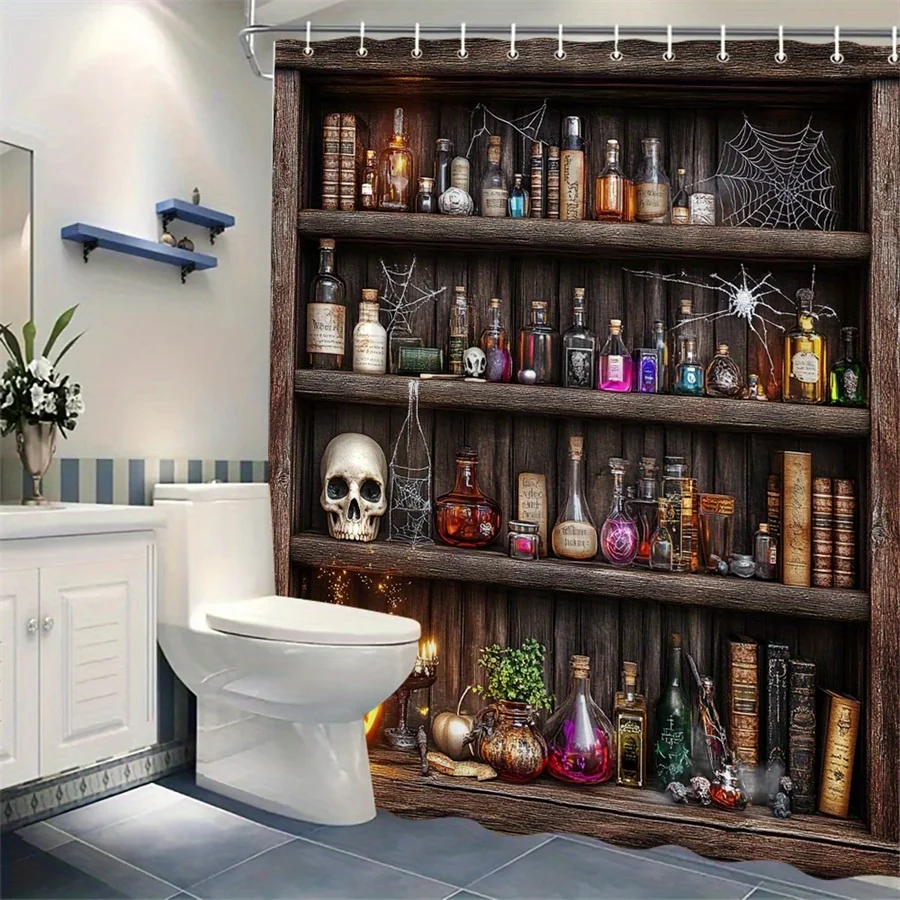 Halloween-Themed Rustic Bookshelf Shower Curtain - Vintage Potion Bottles, Skull, Glowing Jack-o-Lantern