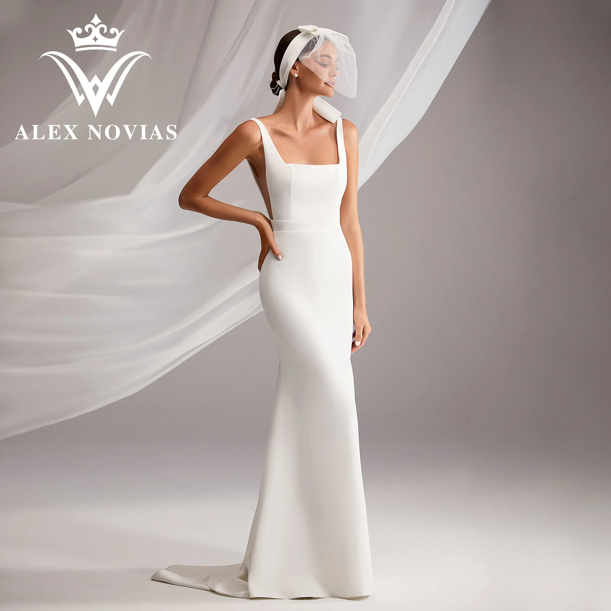 

ALEX NOVIAS Mermaid Wedding Dress 2023 Spaghetti Straps Square Collar Backless Chic Satin Wedding Gown Vestidos Novias De Saten