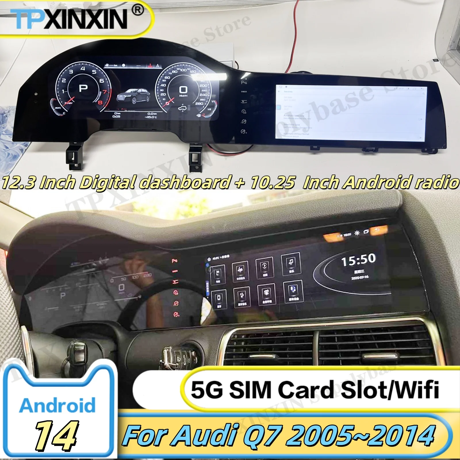 12.3Inch Dashboard + 10.25Inch Car Radio For Audi Q7 2005~2014 Android 14 Multimedia GPS Navigation Smart Touch Screen Head Unit