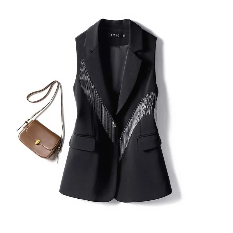 Design Sense Metal Fringed Suit Vest Women's Spring And Autumn 2026 New European High-End Temperament Fashion Vest Jacket Black