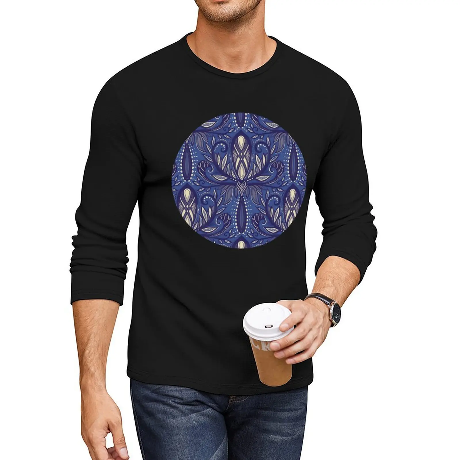 Blue Purple, Indigo and Cream Boho Abstract Botanical Damask Long T-Shirt sports fan t-shirts oversized t shirt men