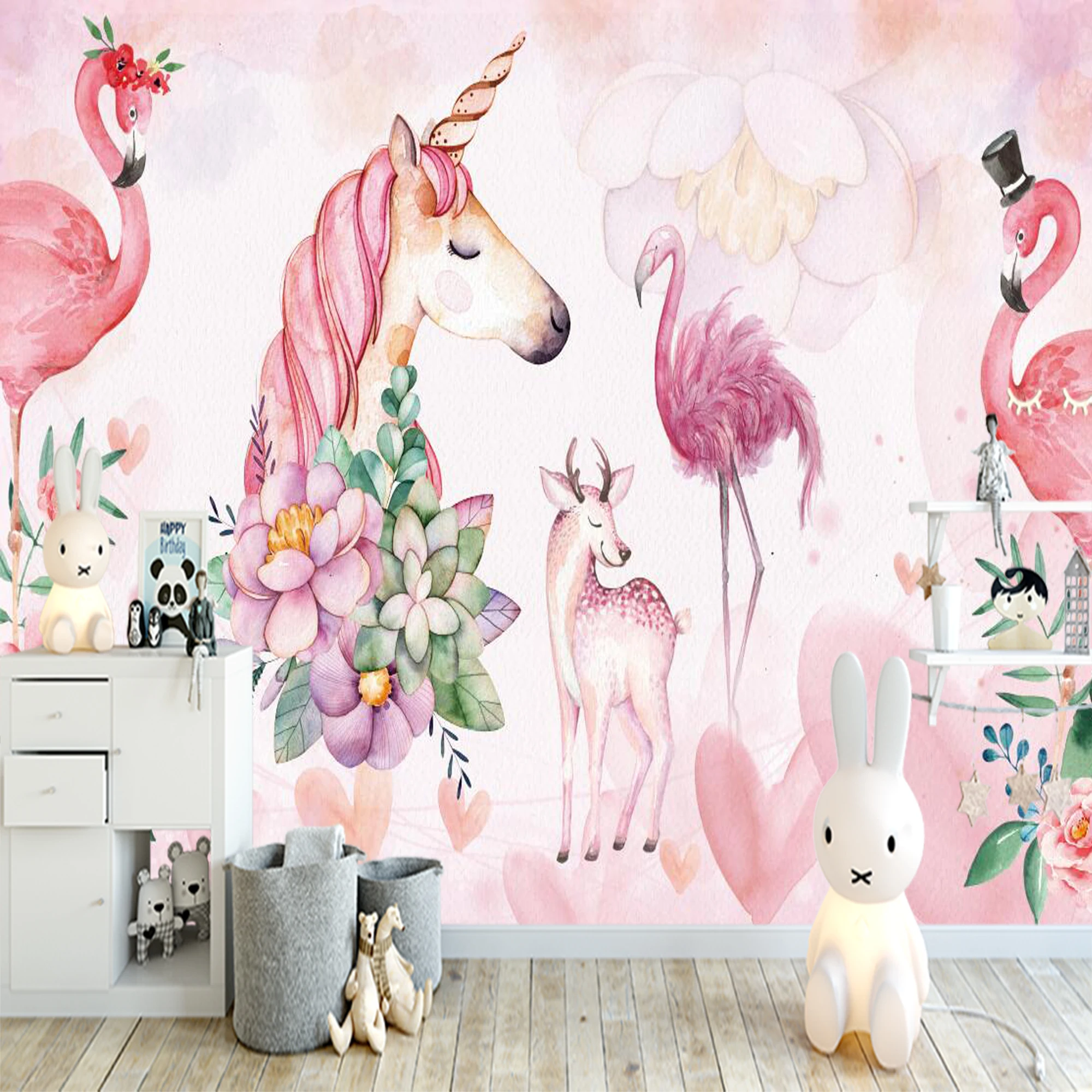 Custom Wall Mural Romantic Watercolor Pink Floral Unicorn Deer Flamingo Wallpaper For Girls Bedroom