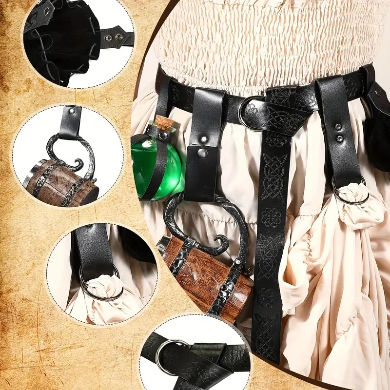 5PCS Authentic Renaissance Belt Pouch Set Halloween Medieval Viking Style Durable Faux Leather Potion Bottles Skirt Hikes Holder