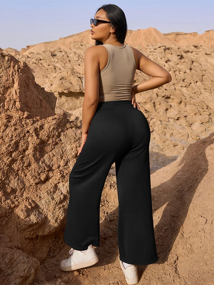 سراويل نسائية طويلة غير رسمية عالية الخصر قابلة للتنفس سراويل واسعة الساق تريكو مستقيمة بطول كامل