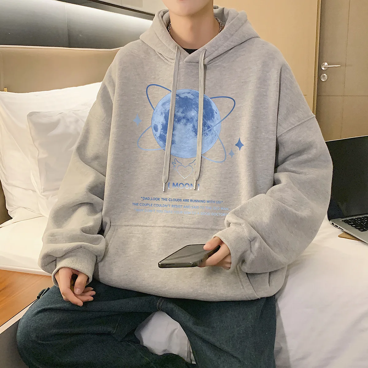 

Fleece Hooded Sweater Men's Spring and Autumn Tide Brand Teen Jacket Men's Korean Version Tide Printing Loose Ins Casual Clothes