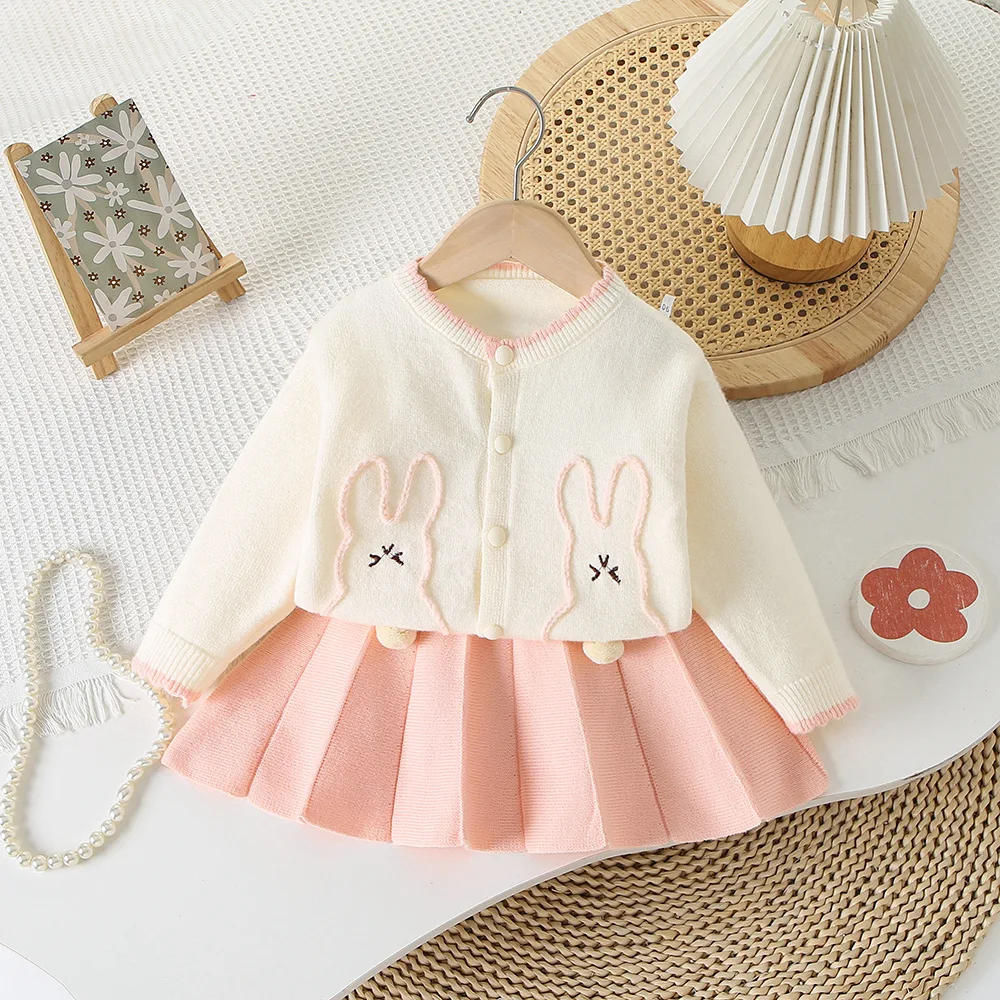 1-6Y Girls Spring Autumn 2PCS Clothes Set Lace Collar Cartoon Rabbit Kid Girls Cardigan Coat Knitted Baby Girls Skirt Sweet Suit