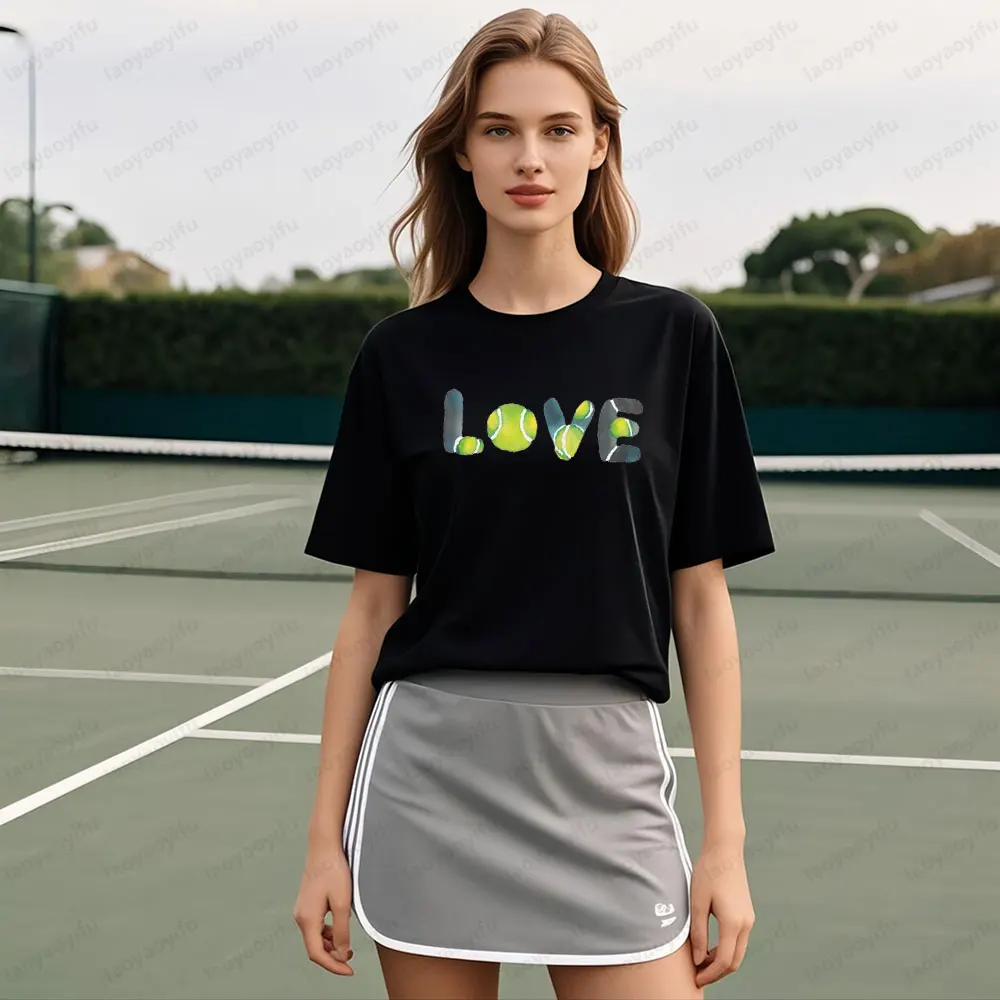 러브 테니스 셔츠 크리 에이 티브 수채화 테니스 프린트 셔츠 테니스 플레이어 여성 크루 넥 코튼 반팔 여름 캐주얼 티셔츠