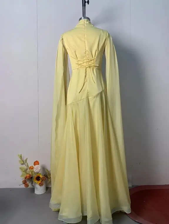 Nueva ropa de mujer elegante empalme cintura ceñida amarillo cadera envoltura vestidos largos temperamento desplazamientos mujeres vestidos de fiesta atractivos
