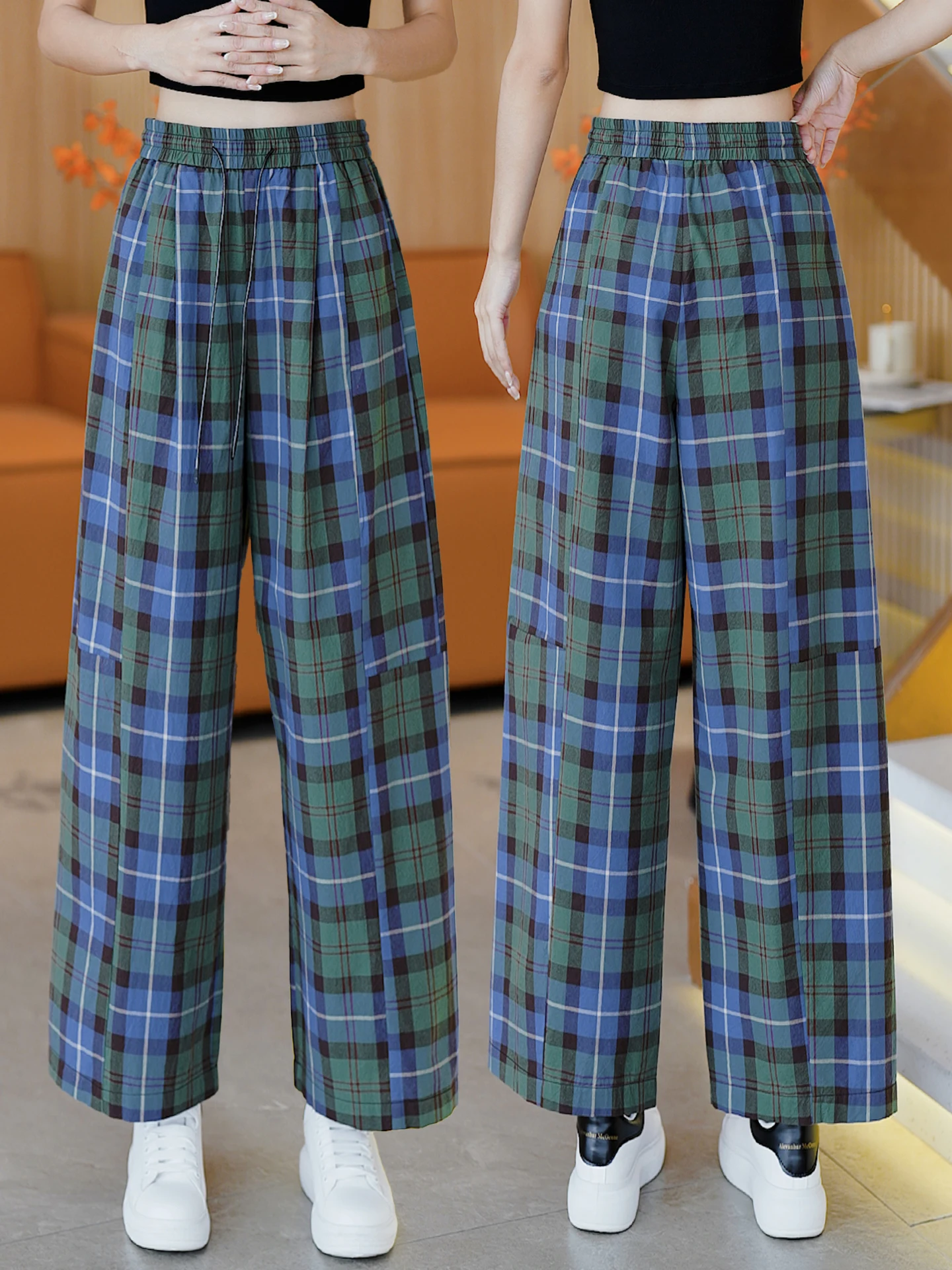 High Waist Wide Leg Plaid Pants Women's Summer Thin Casual Style Loose Fit Trousers Cotton Material Breathable Comfortable