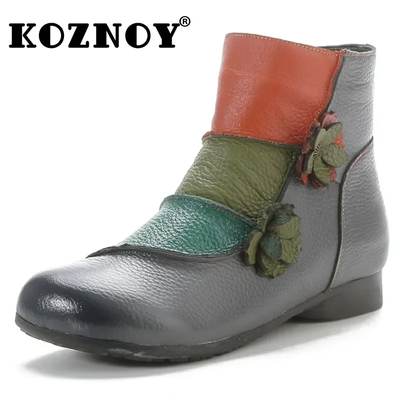 

Koznoy 3cm Genuine Leather Appliques Flower Zip Knee High Women Chimney Booties Autumn Ladies Spring Flats Boots Fashion Shoes