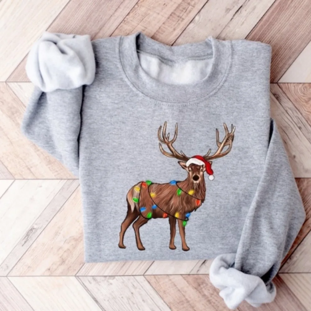 

Reindeer Christmas Women Sweater Christmas Lights Hoodie Peeping Reindeer Hoody Xmas Antler Hoody Long Sleeve Sweatshirt Hoodie