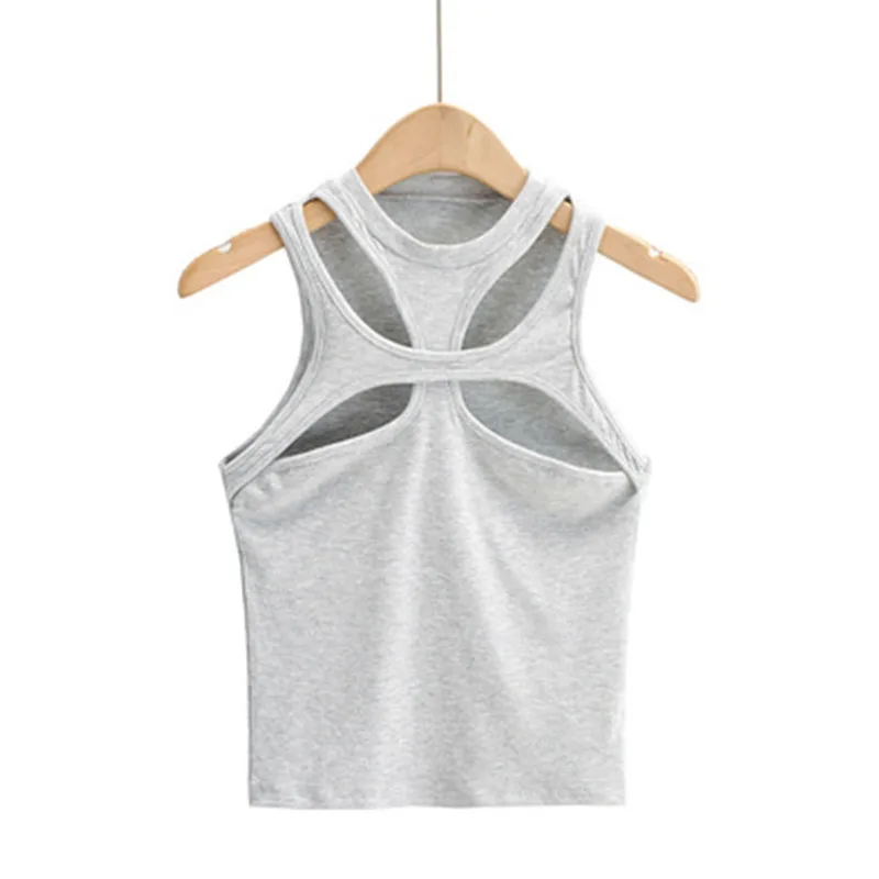 Girls New Asymmetrical Hollow Solid Color Knitted Round Neck Short-sleeved Summer Sexy Vest on The Chest