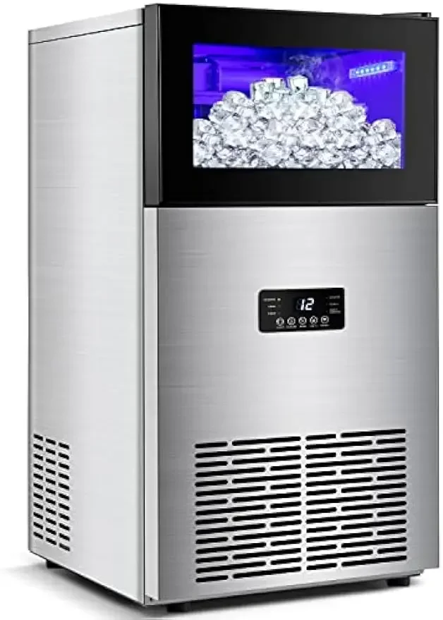 Commercial Ice Maker Machine with Storage Bin, Stainless Steel Undercounter, Freestanding Ice,Connection Hose, 130LBS, 24H, 35LB