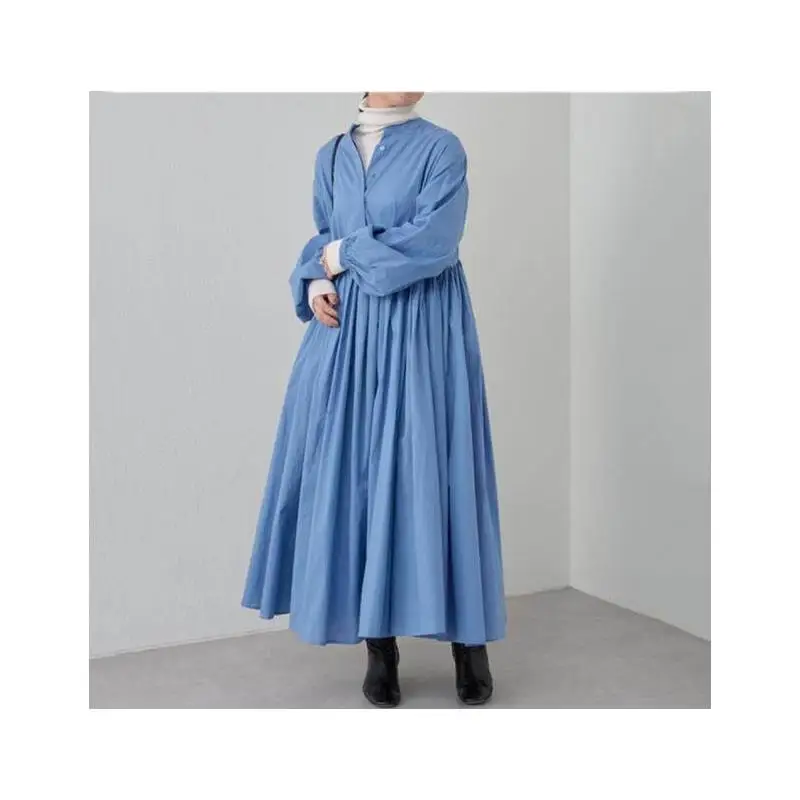 Spring Collection Japanese Style Loose Fit Pleated Maxi Dress Large Size Korean Version Cleanfit Lantern Sleeve Cotton Dress