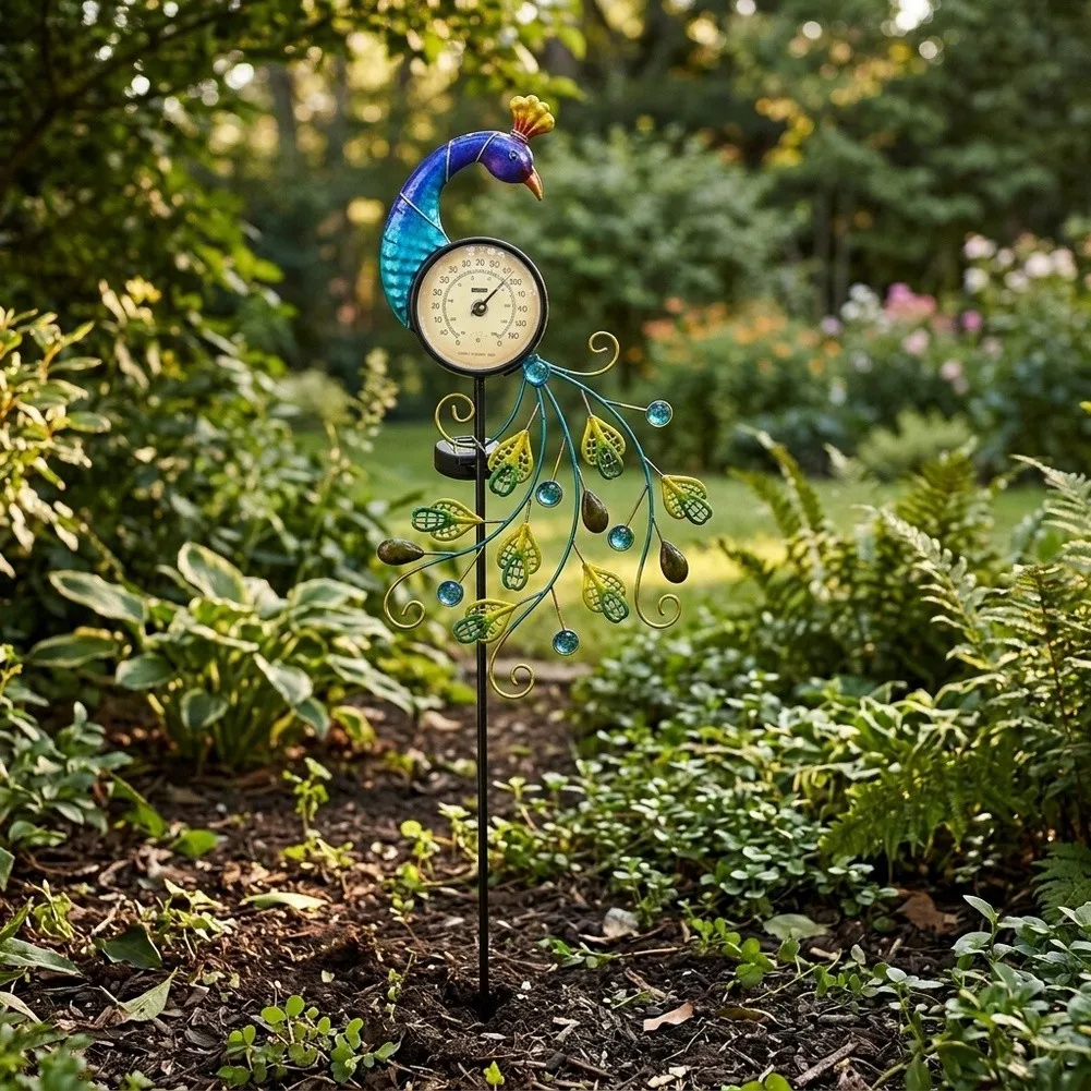 Peacock Solar Lamp with Outdoor Thermometer Function for Garden Lawn Patio Walkway 106cm Temperature Range 40-140F