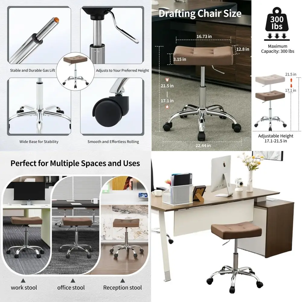 

Adjustable Height Ergonomic Office Stool with Wheels, 17-21, 300lbs, Faux Leather, Coffee Brown