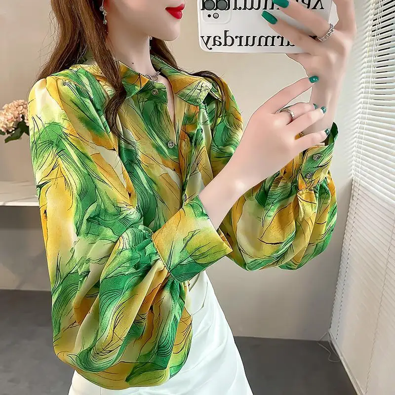 Vintage Hong Kong Style Printed Shirt Women\'s Clothing Turn-down Collar Stylish Single-breasted Spring Loose Long Sleeve Blouse