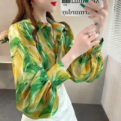 Vintage Hong Kong Style Printed Shirt Women's Clothing Turn-down Collar Stylish Single-breasted Spring Loose Long Sleeve Blouse