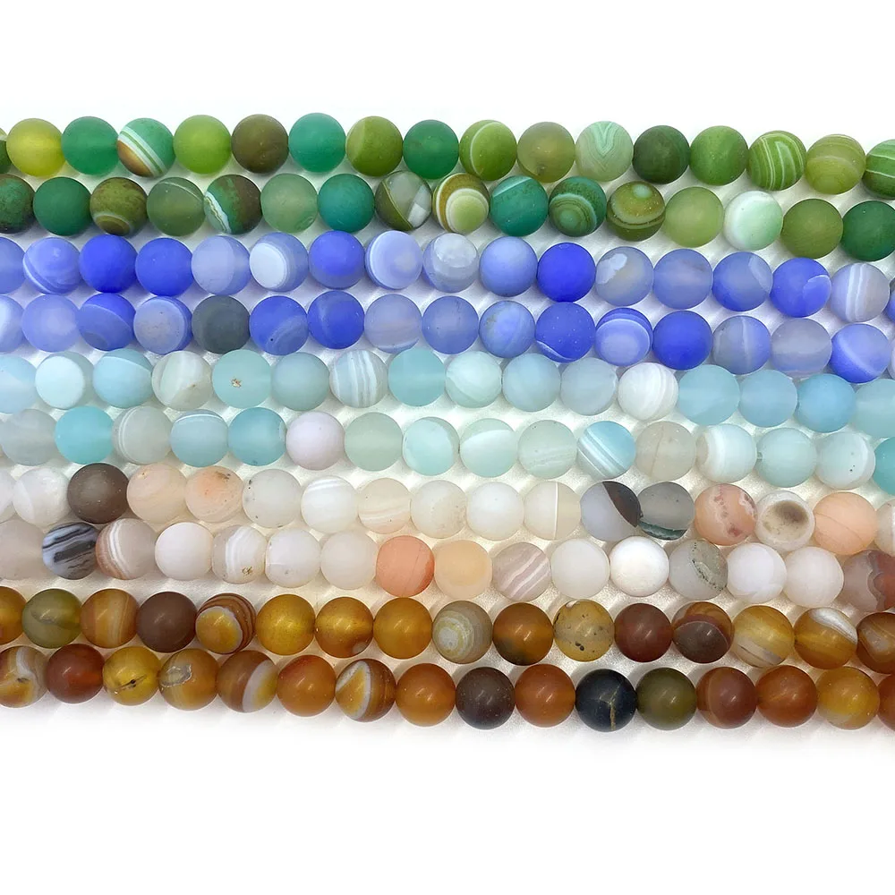 Natural Stone Beads Green Frosted Stripe Agate Blue Scrub Round Loose Beads for Jewelry Making Bracelet Accessories 15'' Strand