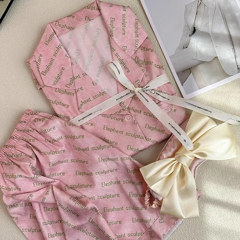 French Romantic Y2k Pink Letter Print Women Pajamas Fresh Elegant Aesthetics Sleepwear 2024 New Summer Herringbone Twill Lounges