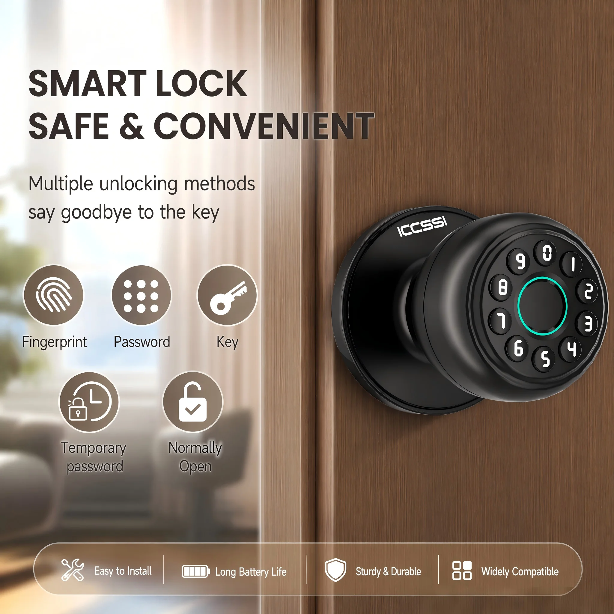 ICCSSI K10CPLUS Smart Lock Tuya Spherical Door Lock Tuya Fingerprint Password Key 4-in-1 Unlock for Airbnb Home Aluminum Alloy