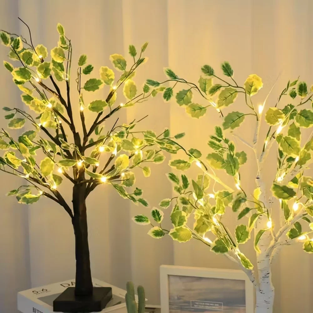 Battery Operated Tabletop Tree Lamp Green Birch Tree Light 24 LED Artificial Leaf Light for Christmas Party Living Room Decor