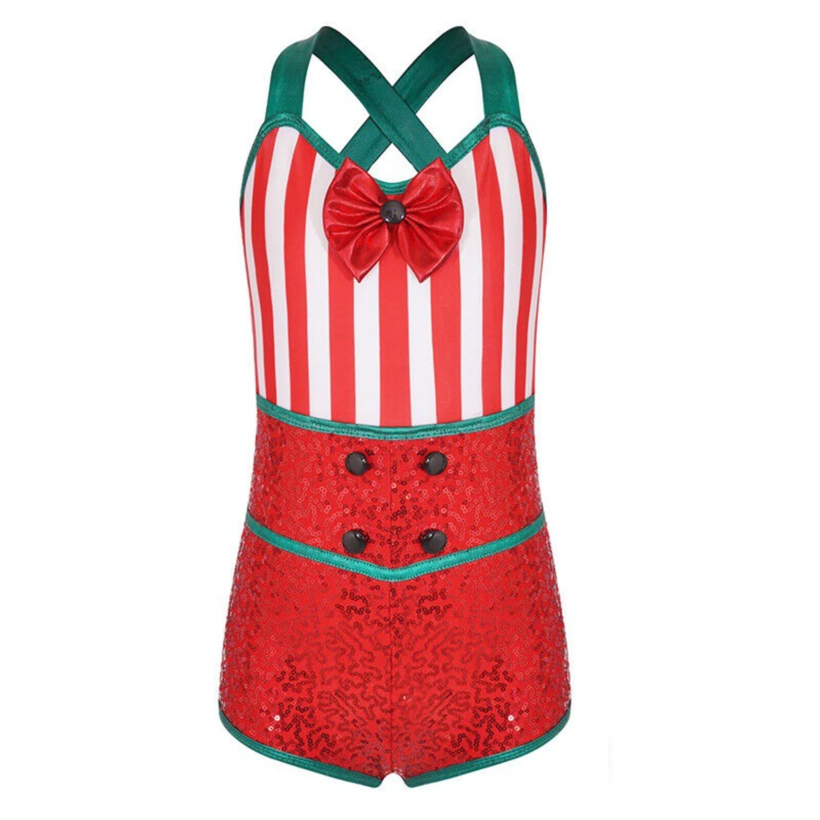 Disfraz de elfo de Navidad para niños, traje de baile sin mangas con lentejuelas a rayas y lazo, mono para fiesta de Navidad y Año Nuevo