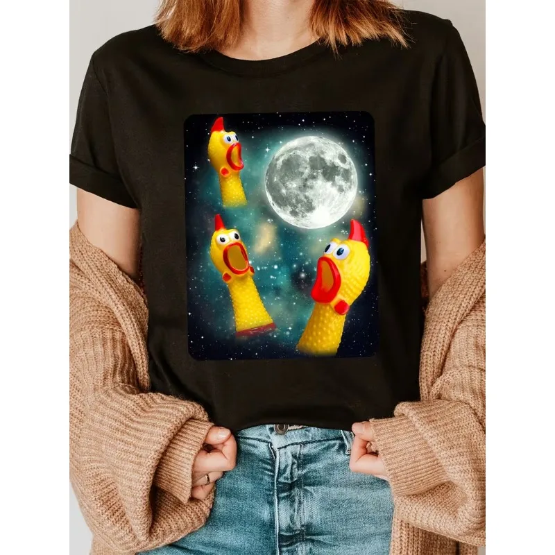 Funny Rubber Chicken Howling At Moon Graphic T-Shirt Meme Chicken Print Casual Short Sleeve Soft Oversized Crew Neck Top