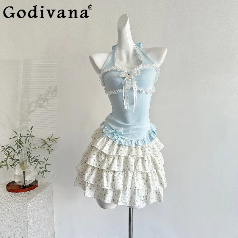 

Summer Top and Skirt Set Women Pure Desire Style Halter Top A Line Skirt Two Pieces Suits Female Princess Sweet Outfits