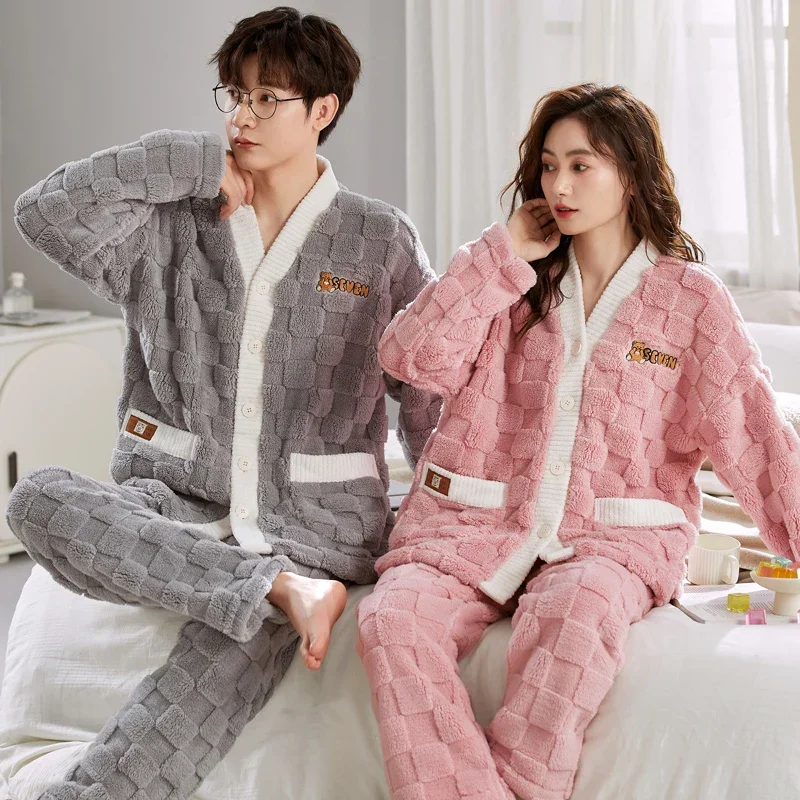 2024 New Year Gifts Winter Warm Sleepwear for Women and Men V Neck Cardigan Homewear for Lovers Kimono Nightwear Couples Pjs