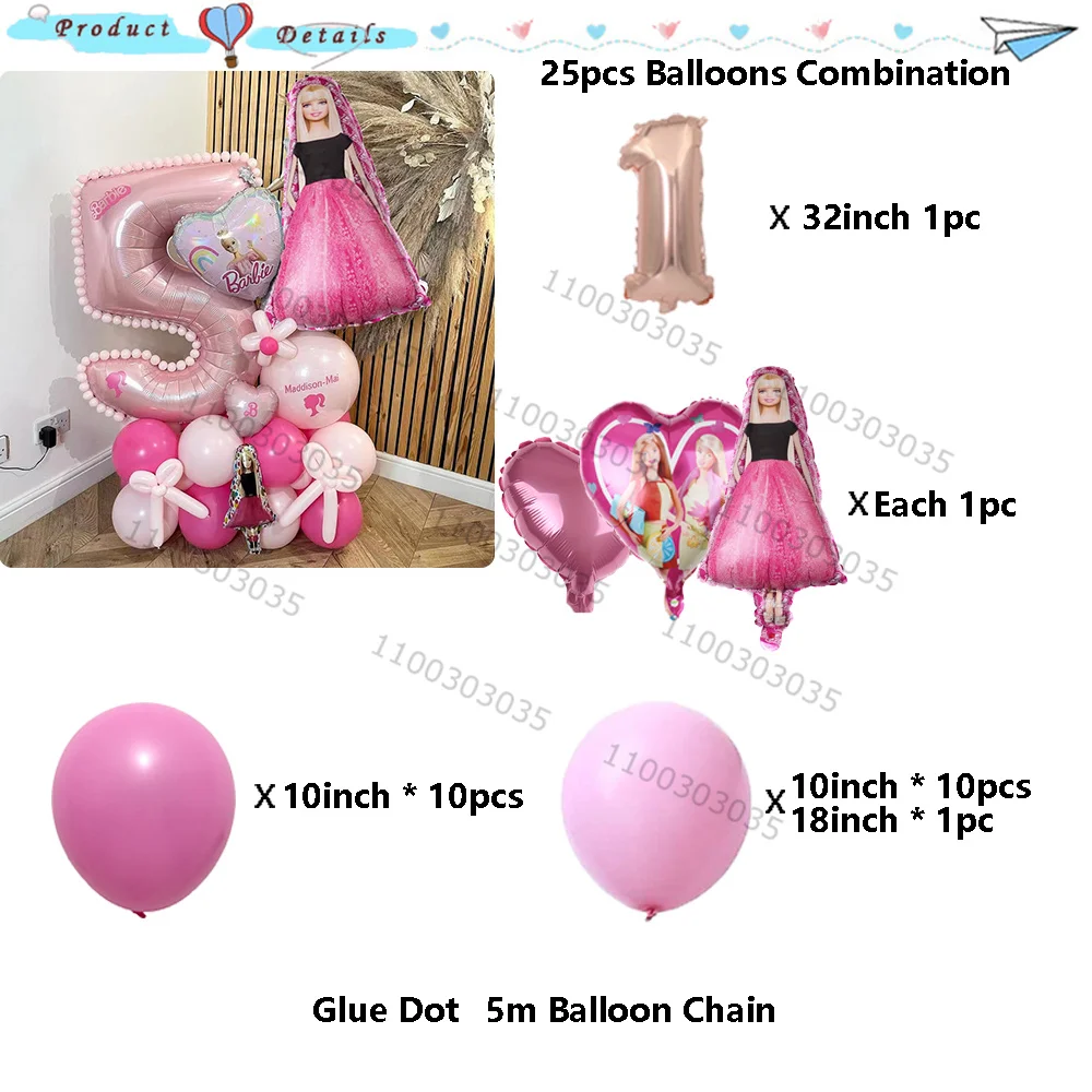 25pcs Pink Girl Barbied Aluminum Foil Balloons Chain Set Princess Doll Birthday Party Baby Shower Princess Theme Decors Globos