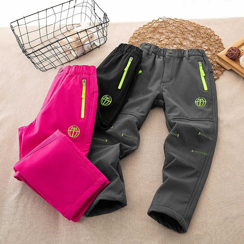 Kids Fleece Lined Elastic Waist Pull On Hiking Snow Ski Pants Waterproof Winter Warm Pants with Zippered Pocket