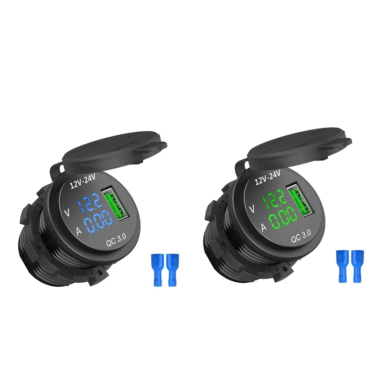 2 Set 12V / 24V Fast Charging 3.0 Car Cigarette Lighter Socket Usb Charger Led Voltmeter Ammeter - Black + Green & Black + Blue