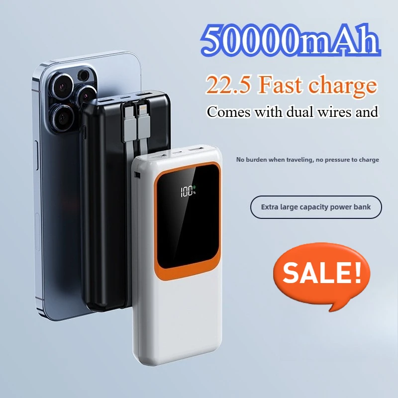 New 22.5W 50000mAh Large Capacity Fast Charging Power Bank with Built-in Cable for IPhone Xiaomi Huawei Samsung Spare Battery