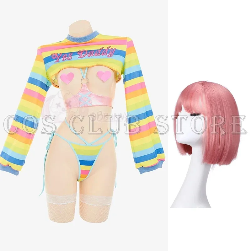 Uniforme de Bikini Sexy de Anime Cyber Loli Jk, disfraz de sirvienta de conejito, COS para mujeres y niñas, lencería, pelucas, corsé de pelo erótico a rayas