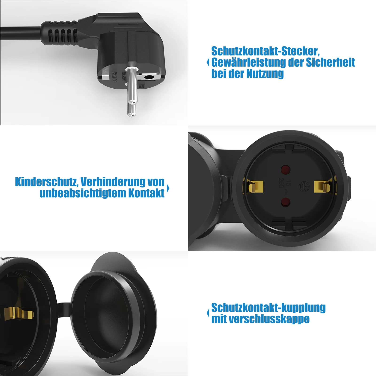 EU Power Extension Cord Outdoor Waterproof Power Cable, Double Plug Socket 2-Way Outlet with 5cm Short Cable for PC