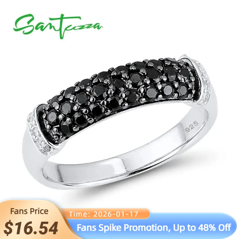SANTUZZA Silver Ring For Women 925 Sterling Silver Fashion Round Rings Black Spinel White Cubic Zirconia  Party Delicate Jewelry