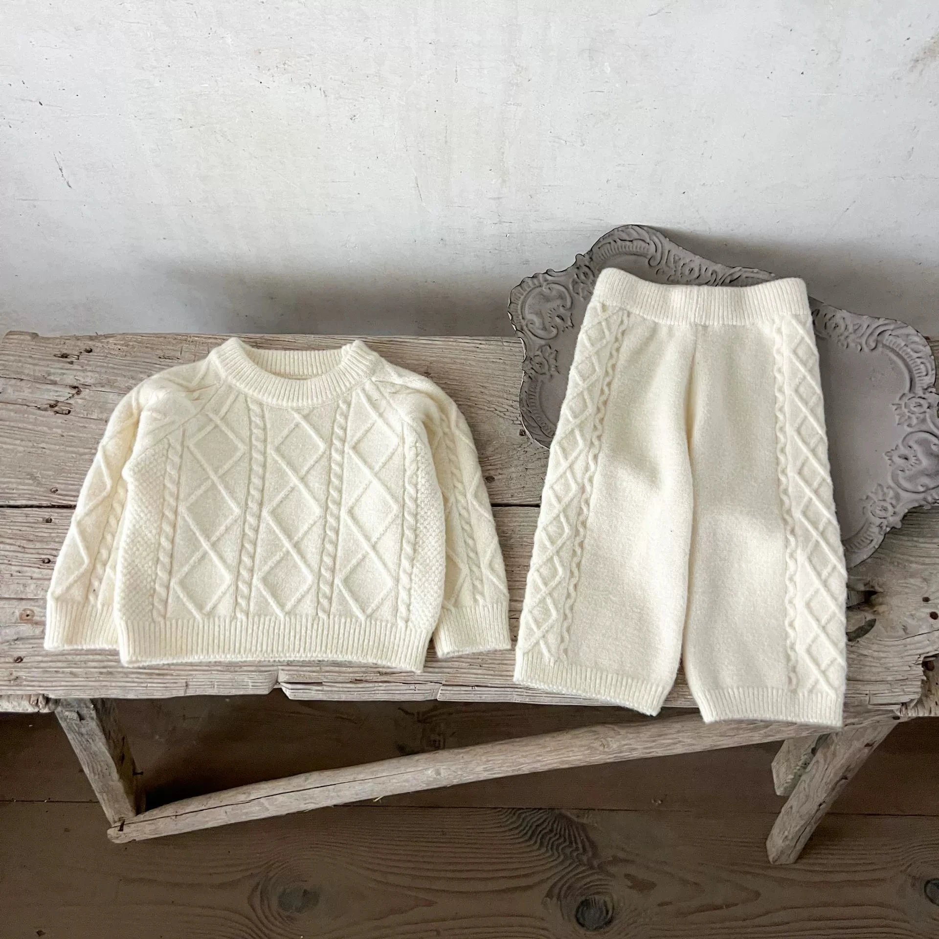 Korean Children Clothing Autumn and Winter Stylish New Girls Retro Temperament Solid Knitted Sweater Woolen Pants Set Trendy