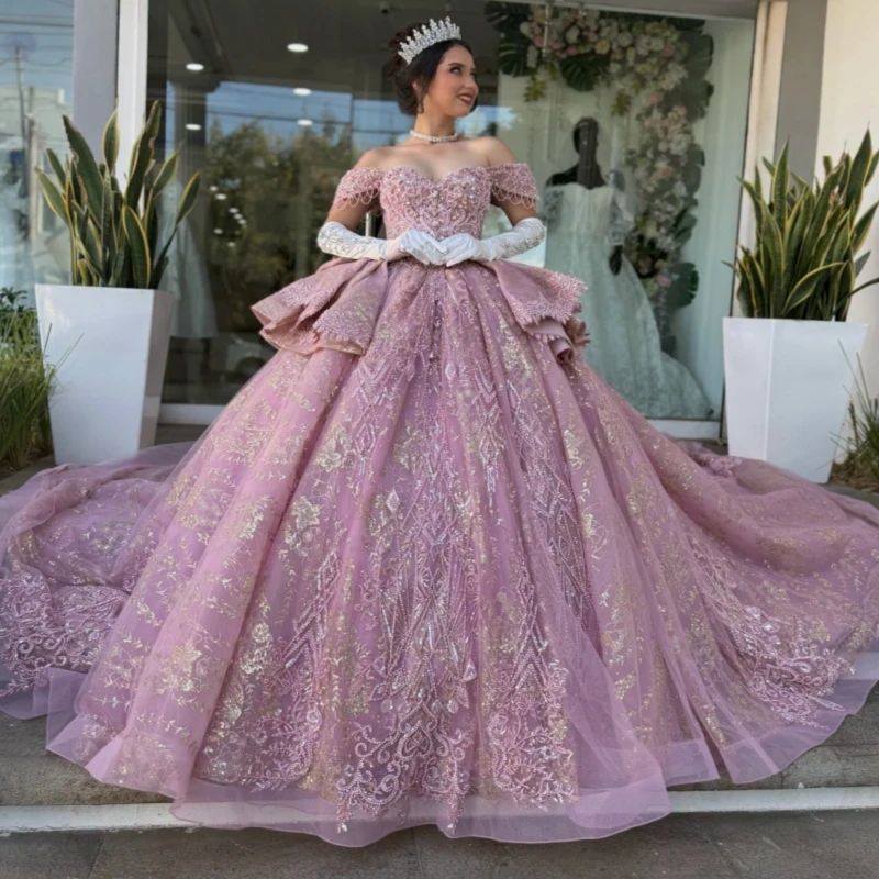 

Pink Shiny Ball Gown Quinceanera Dresses Sequin Applique Lace Beading Bow Tull Corset Off Shoulder Sweet 16 Dress vestidos 15