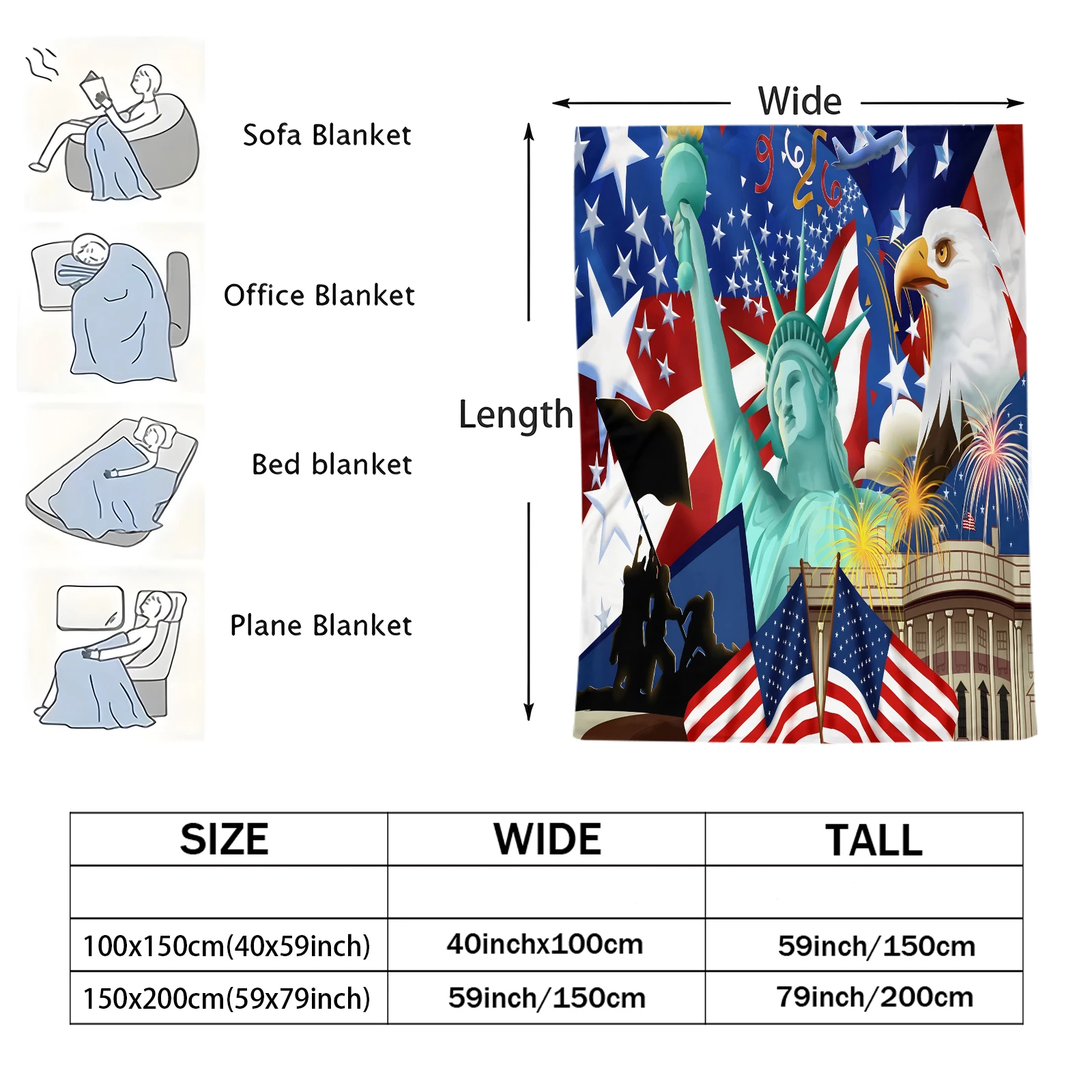 Ultra Soft American Statue of Liberty Eagle Flag Print Flannel Throw Blanket Portable Lightweight Fleece Blanket for Sofa Bed
