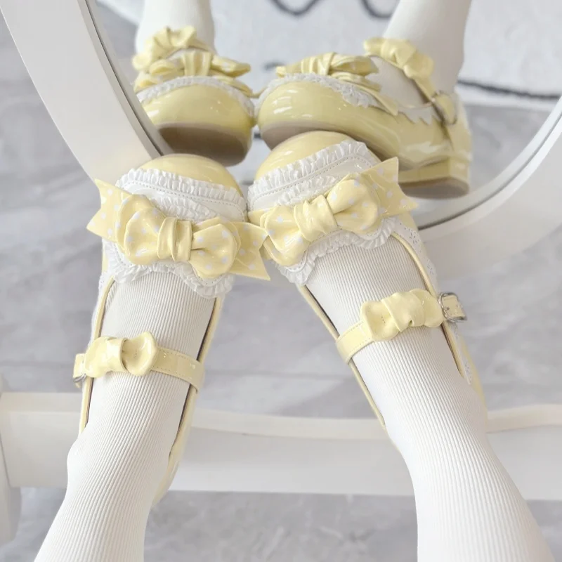 Japanese Sweet Lolita Women Candy Color Bow Low Lace Heel Flat Heel Small Leather Shoes Round Head Cute Single Girls Shoes Lo