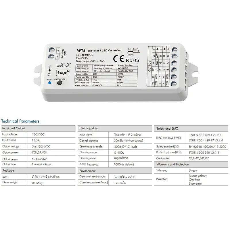 Imagem -03 - Rgbcct Tuya Levou Strip Controlador Wt5 1224v Tw5 T25 rf Wi-fi Painel de Toque de Vidro para Tira Clara em