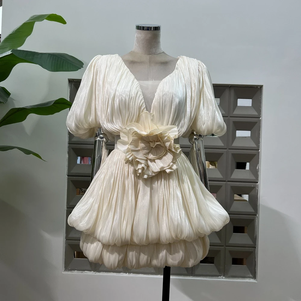 

Solid Spliced Appliques Folds Tunic Mini Dresses for Women V Neck Puff Short Sleeve High Waist Temperament Dress Female New