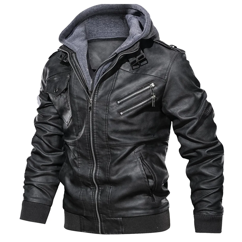 

Men's Casual Motorcycle PU Leather Jacket, Removable Hood, Biker Coats, Brand Clothing, Autumn, New, 2023